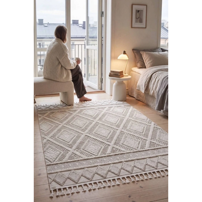 Krem Renk Modern Dokuma Halı Bukleli Yumuşak Halı Oturma Odası Salon Mutfak Antre Yolluk Halısı ICE