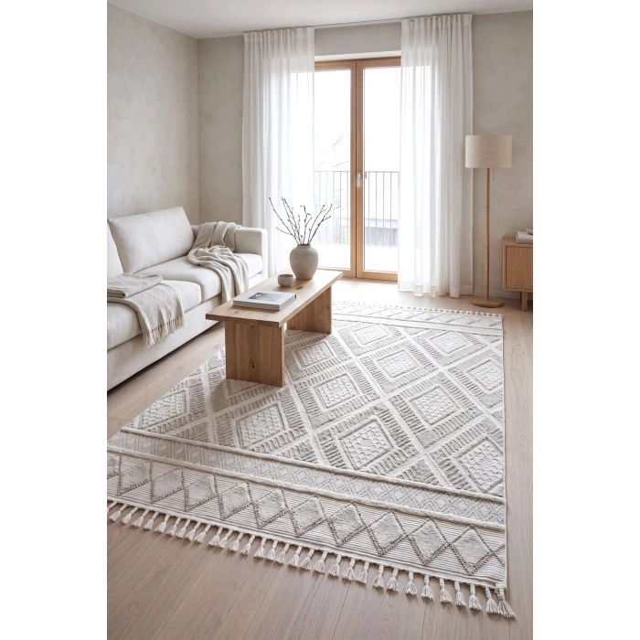 Krem Renk Modern Dokuma Halı Bukleli Yumuşak Halı Oturma Odası Salon Mutfak Antre Yolluk Halısı ICE