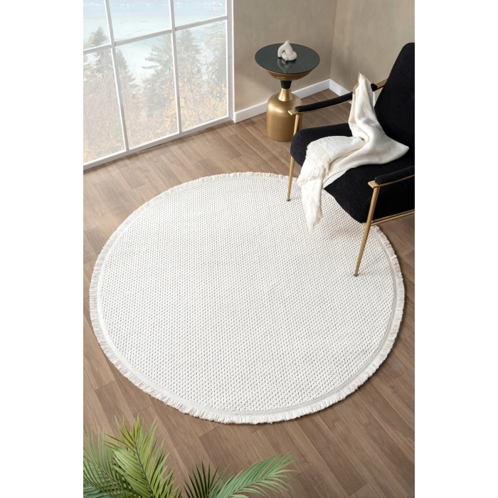 Beyaz Yumuşak Dokulu Yuvarlak Halı Kilim Mutfak Koridor Yolluk Dokuma Makine Halısıı 007 DAİRE