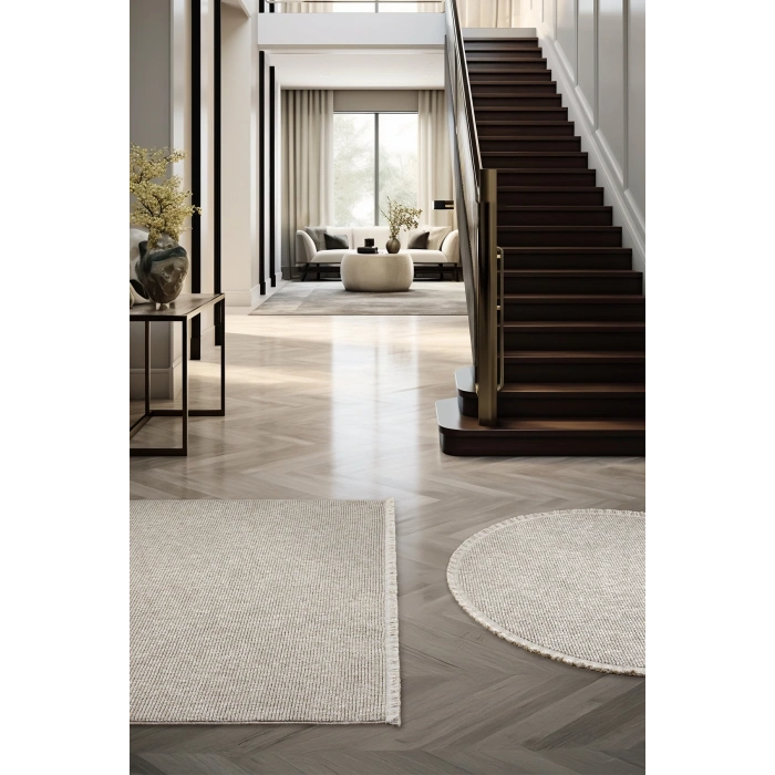 Bej Daire Yuvarlak Modern Dokuma Halı Bukleli BEJ DAİRE