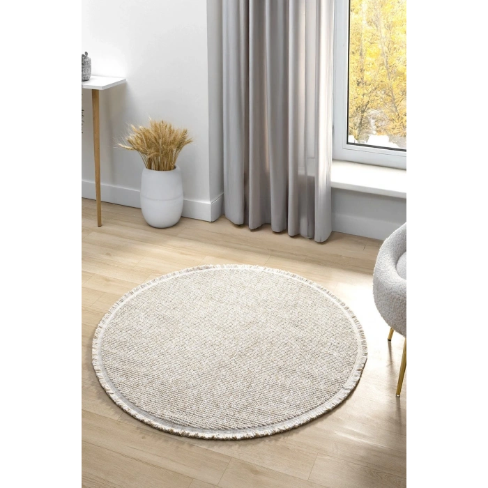 Bej Daire Yuvarlak Modern Dokuma Halı Bukleli BEJ DAİRE