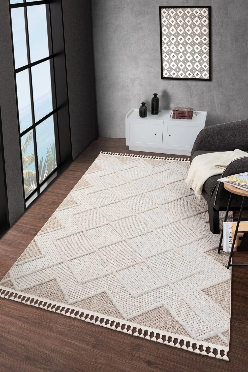 Krem Bej Modern Dokuma Halı Bukleli Yolluk Antre Oturma Odası Salon Mutfak Halısı