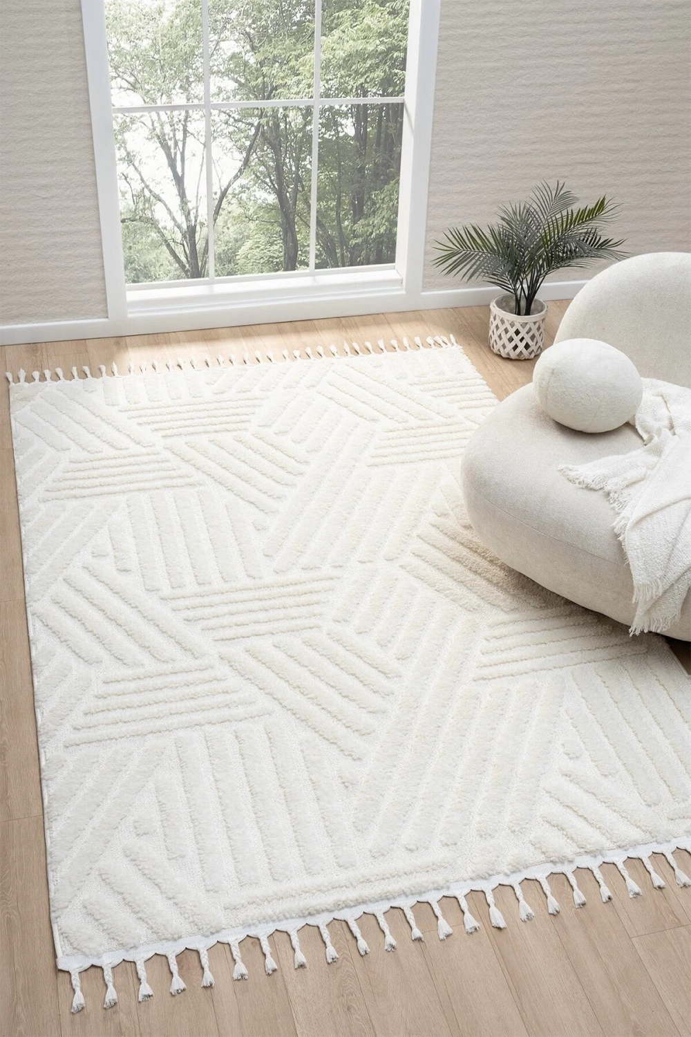 Krem Bukleli Yumuşak Dokuma Halı Peluş Post Krem Çocuk Odası Oturma Odası Salon Mutfak Halısı