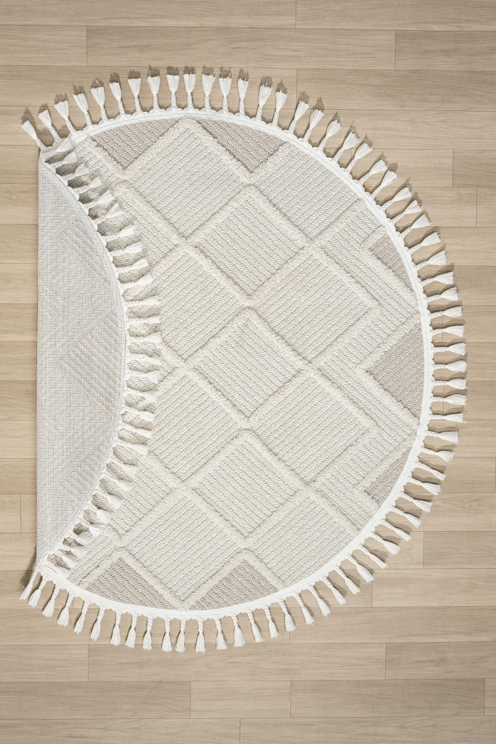 Krem Bej Yuvarlak Saçaklı Dokuma Halı Yolluk Antre Oturma Odası Salon Mutfak Halısı YUVARLAK