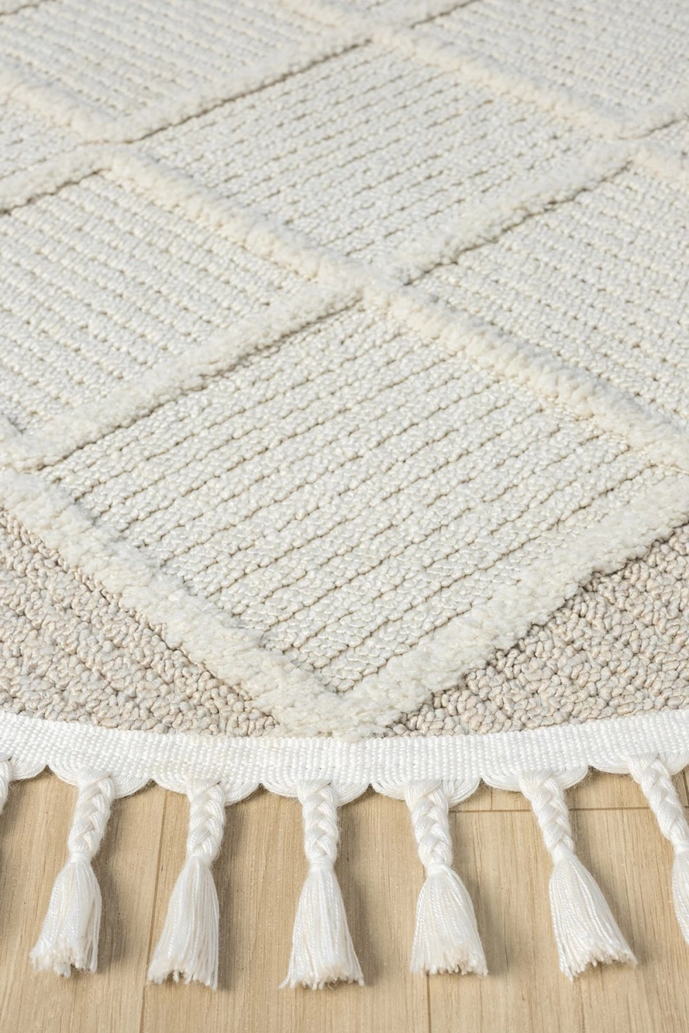 Krem Bej Yuvarlak Saçaklı Dokuma Halı Yolluk Antre Oturma Odası Salon Mutfak Halısı YUVARLAK