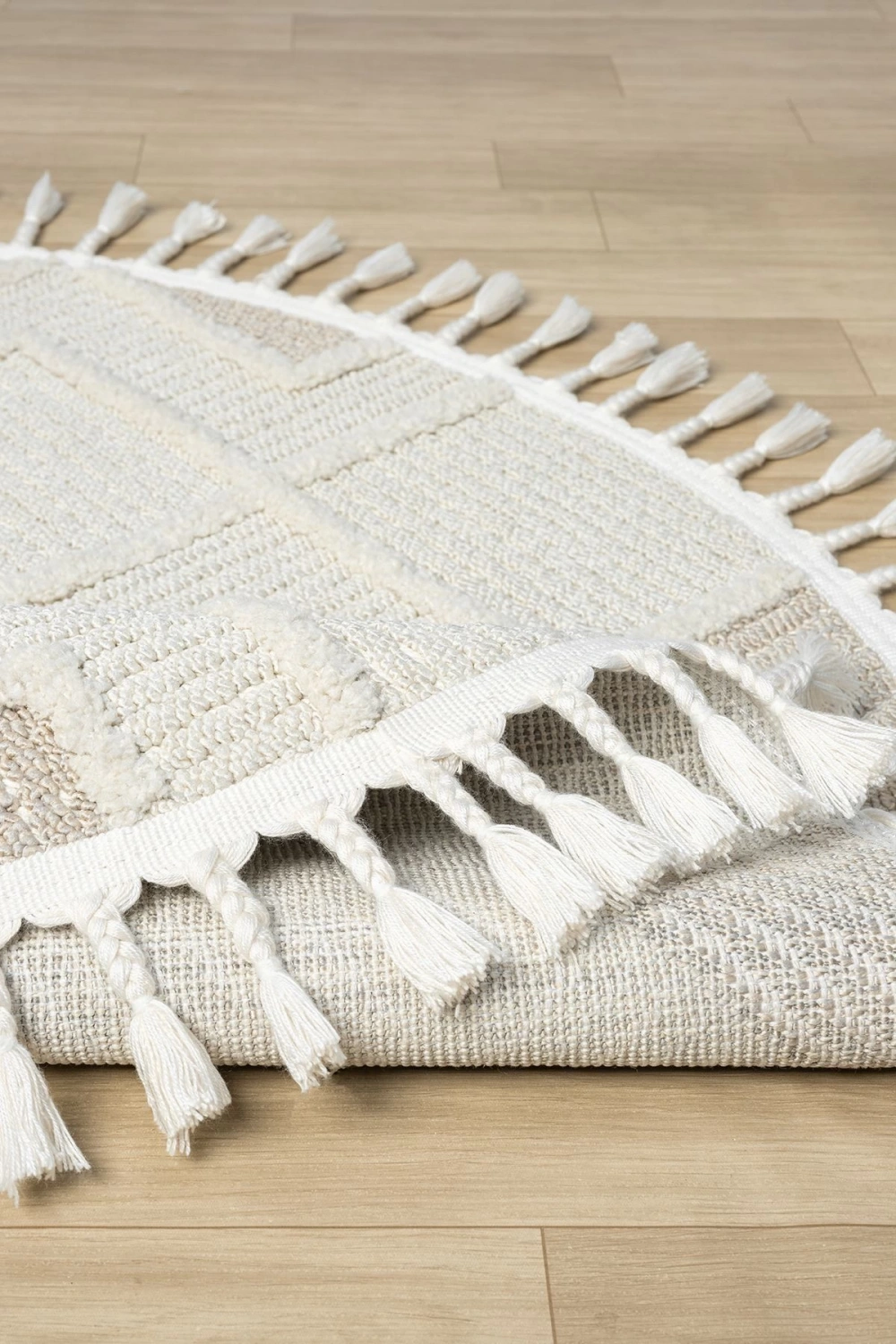 Krem Bej Yuvarlak Saçaklı Dokuma Halı Yolluk Antre Oturma Odası Salon Mutfak Halısı YUVARLAK