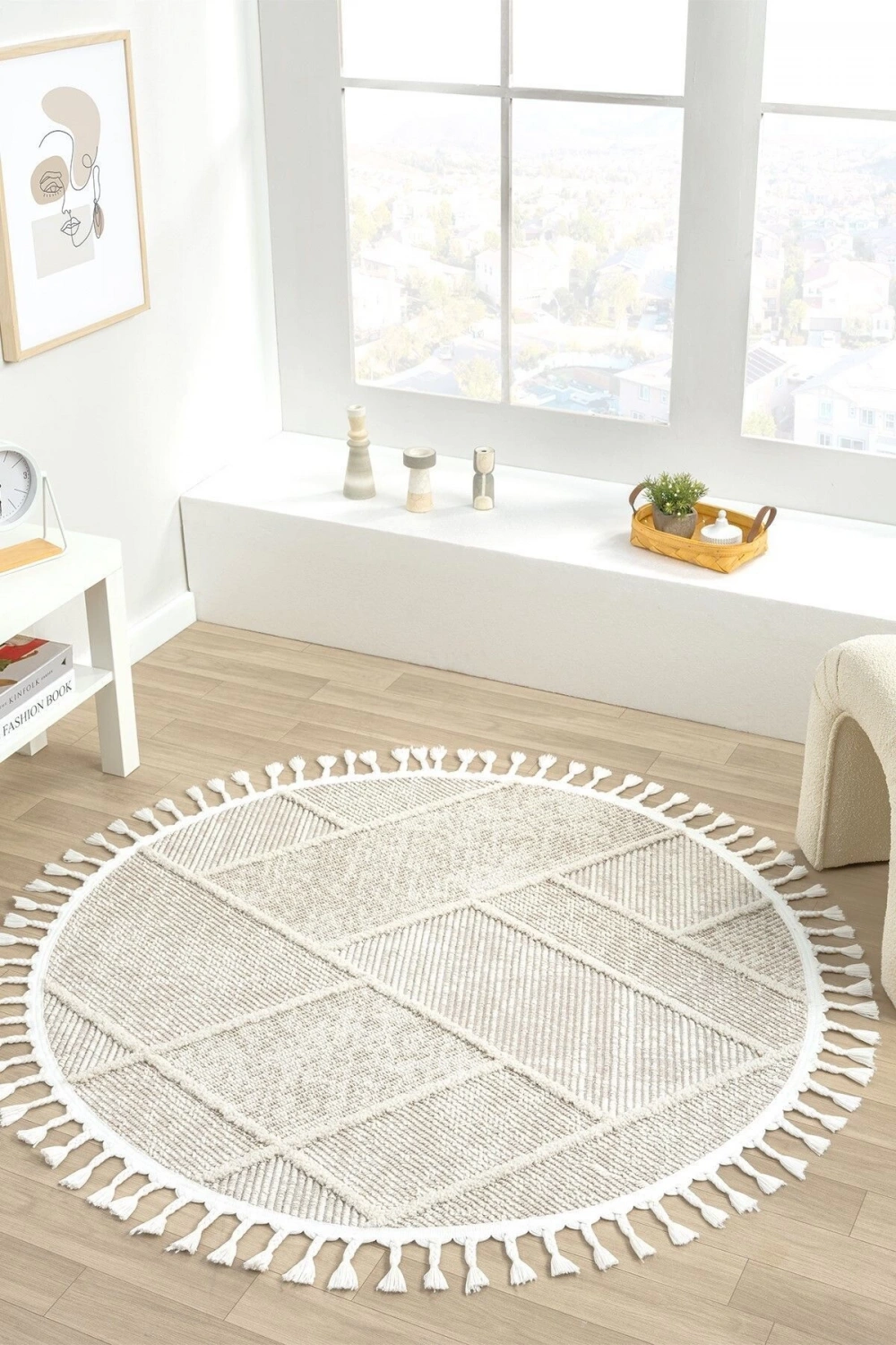 Krem Bej Yuvarlak Dokuma Halı Yolluk Antre Oturma Odası Salon Mutfak Halısı YUVARLAK