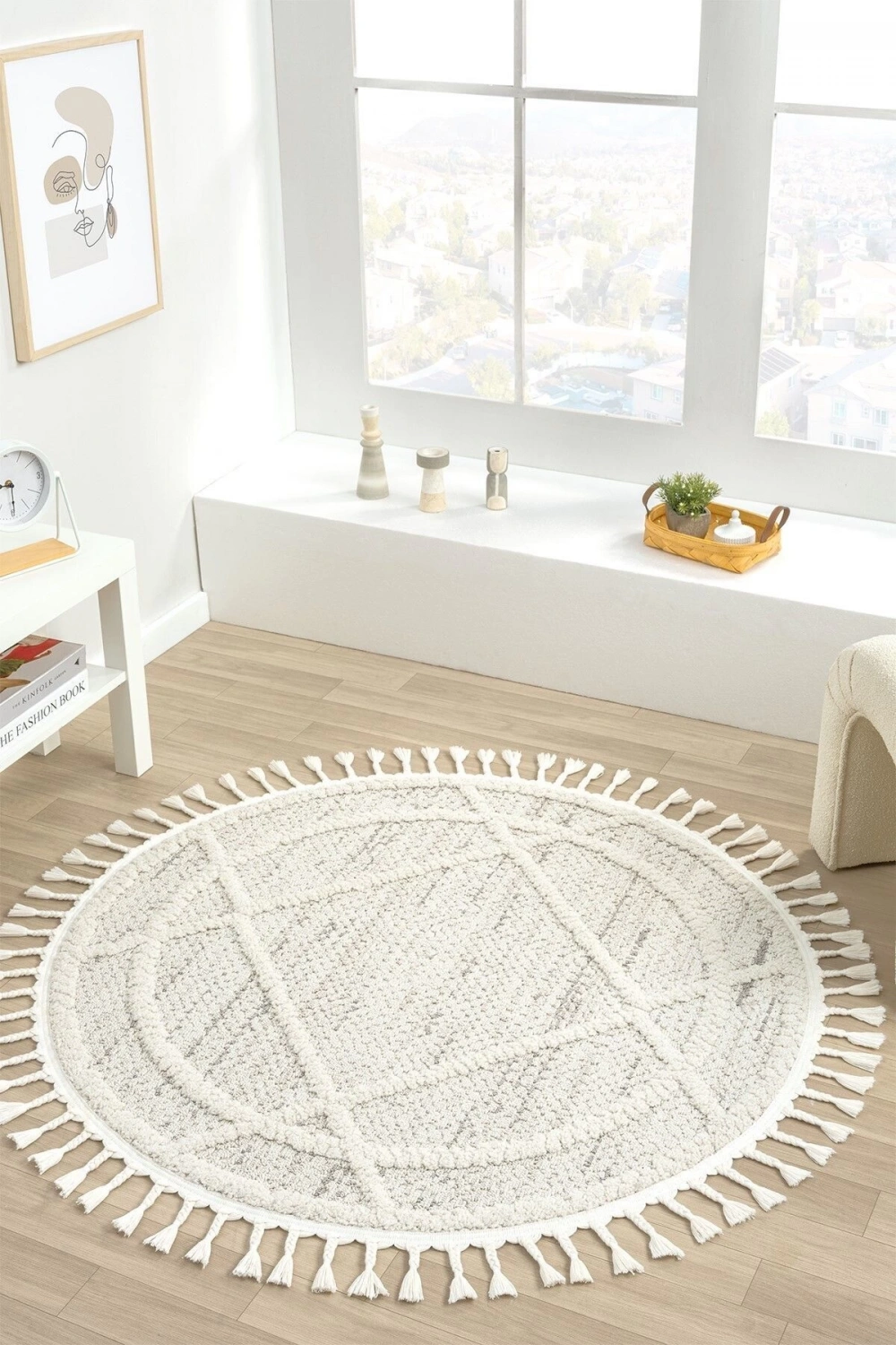 Krem Gri Yuvarlak Halı Püsküllü Dokuma Halı Yolluk Antre Oturma Odası Salon Mutfak Halısı YUVARLAK