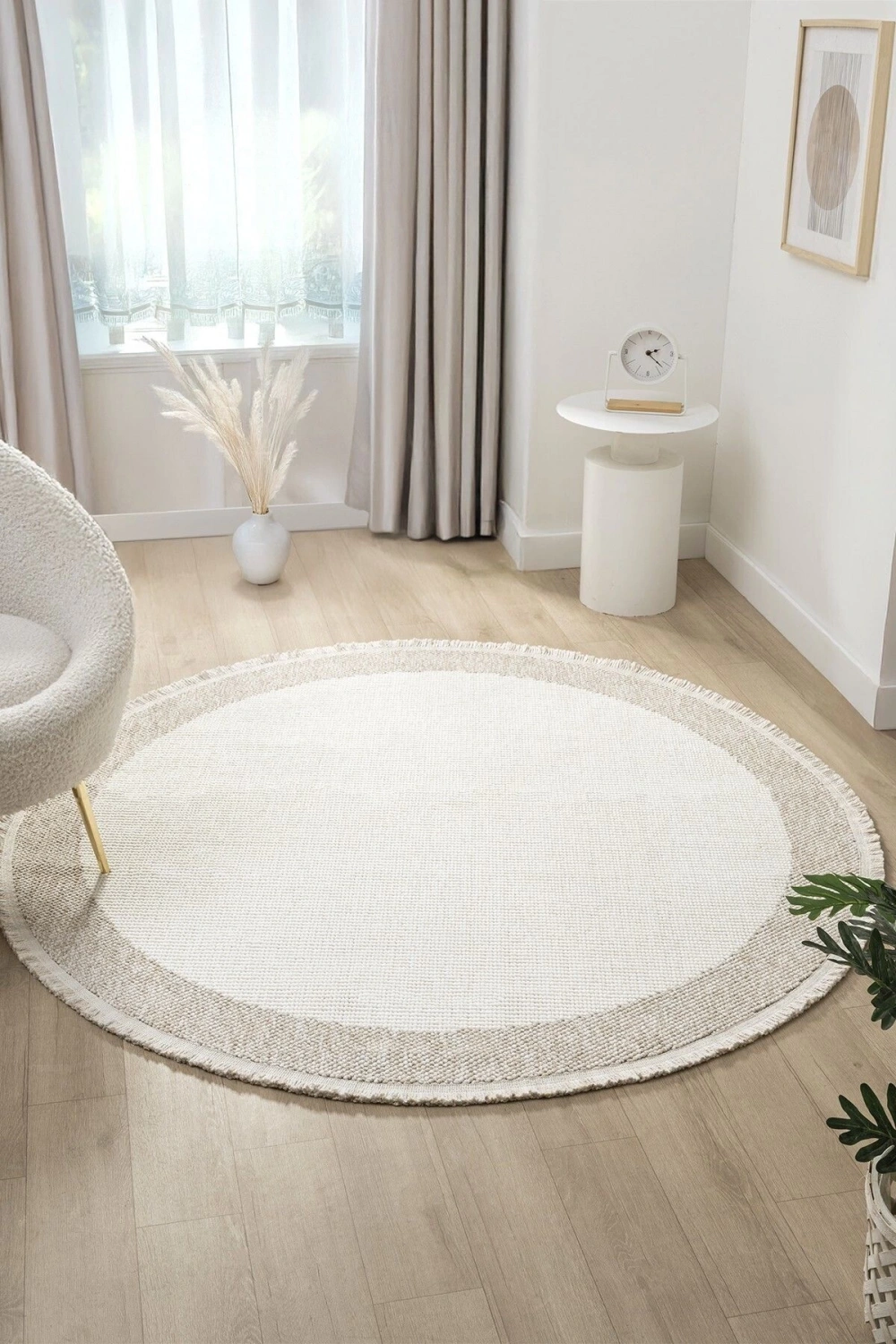 Beyaz Bej Yumuşak Yuvarlak Daire Halı Salon Mutfak Koridor Yolluk Dokuma Makine Halısı 0021 DAİRE