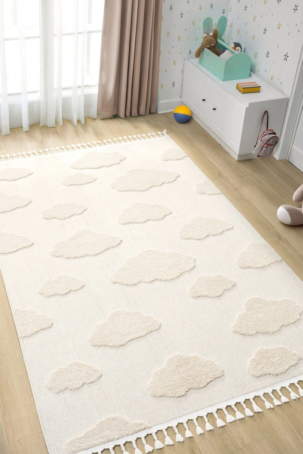Bulut Desenli Krem Renk Dokuma Halı Bebek Odası Çocuk Odası Halısı 1