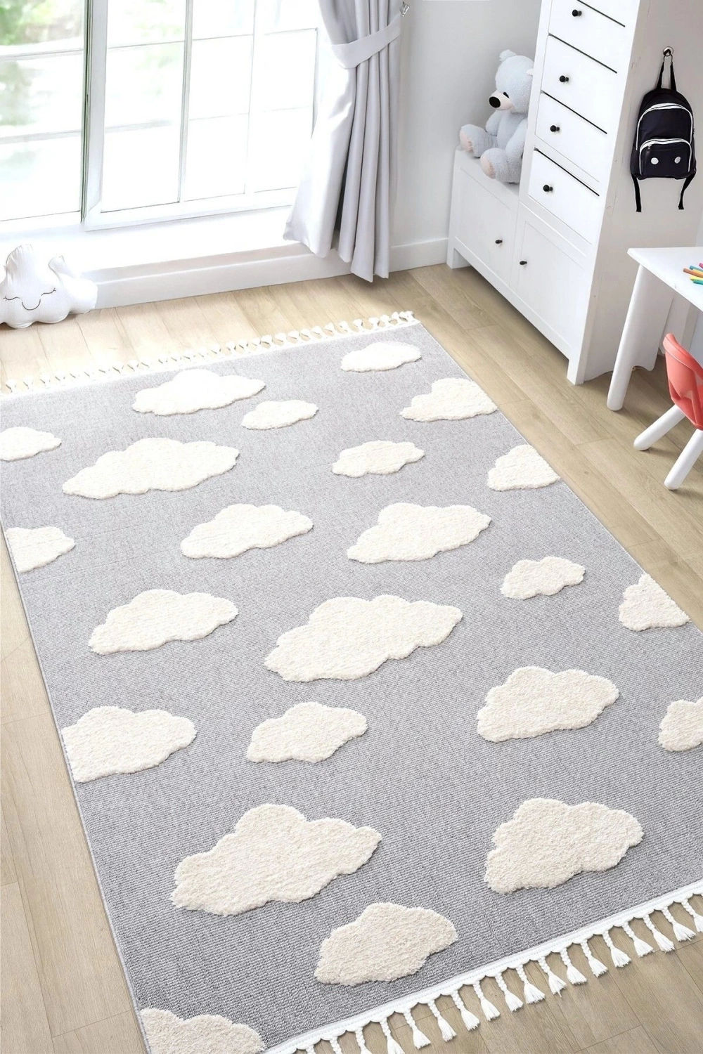 Bulut Desenli Gri Renk Dokuma Halı Bebek Odası Çocuk Odası Halısı 2