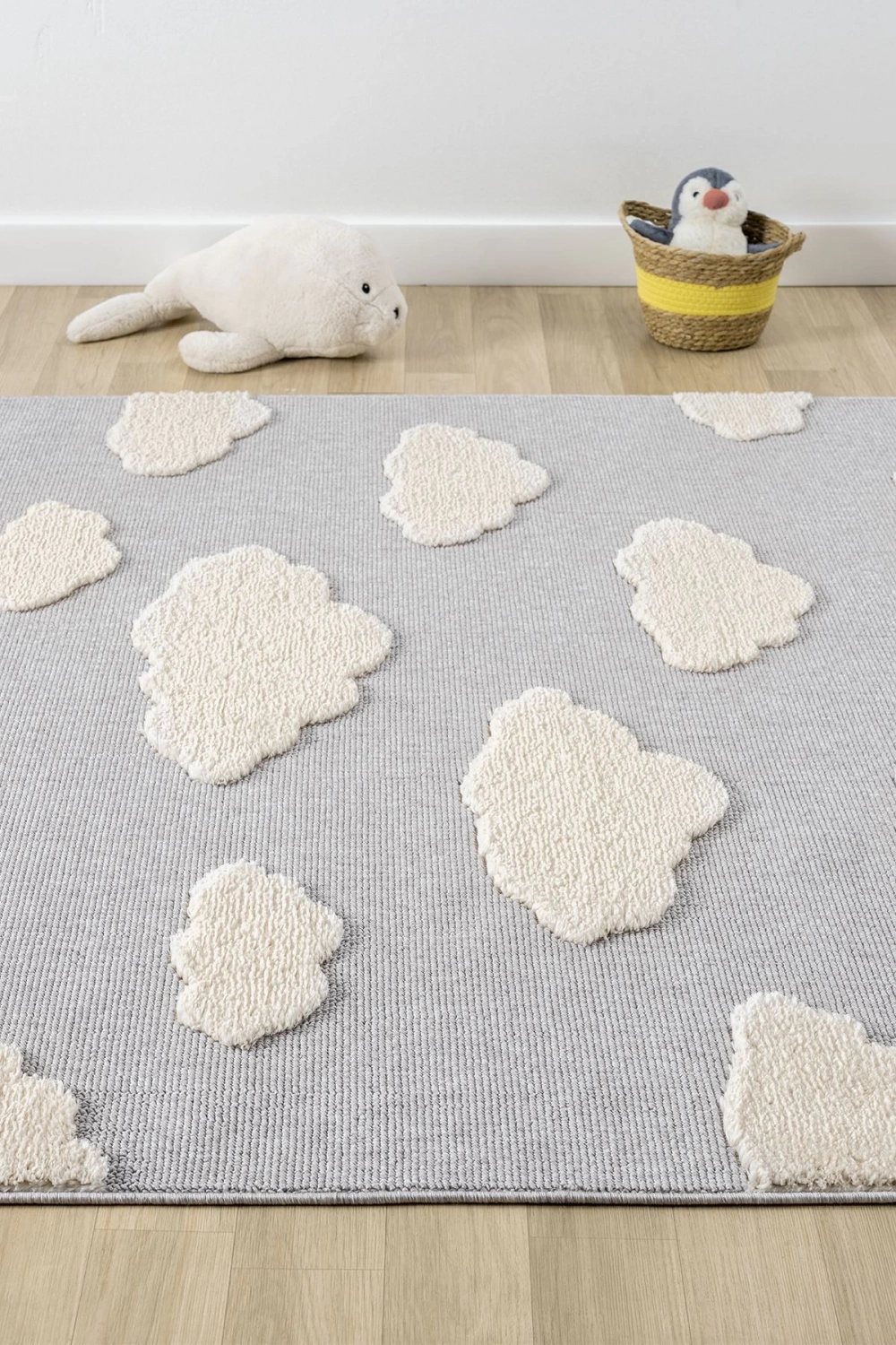 Bulut Desenli Gri Renk Dokuma Halı Bebek Odası Çocuk Odası Halısı 2