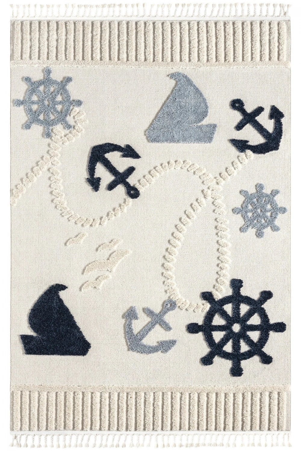 Yumuşak Renkli Bukleli Denizcilik Figürlü Dokuma Halı Bebek Odası Çocuk Odası Genç Odası Halısı 3