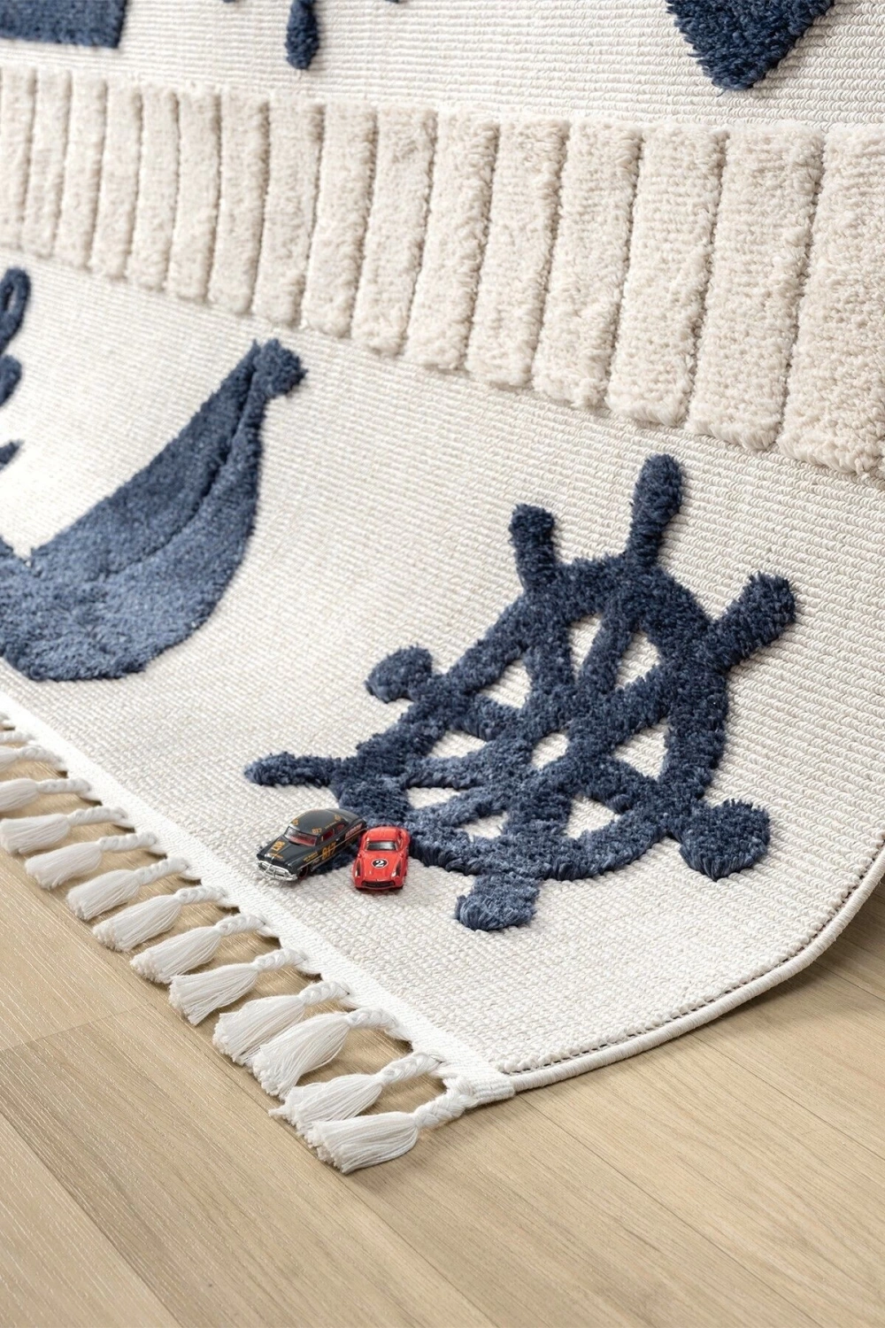 Yumuşak Renkli Bukleli Denizcilik Figürlü Dokuma Halı Bebek Odası Çocuk Odası Genç Odası Halısı 4