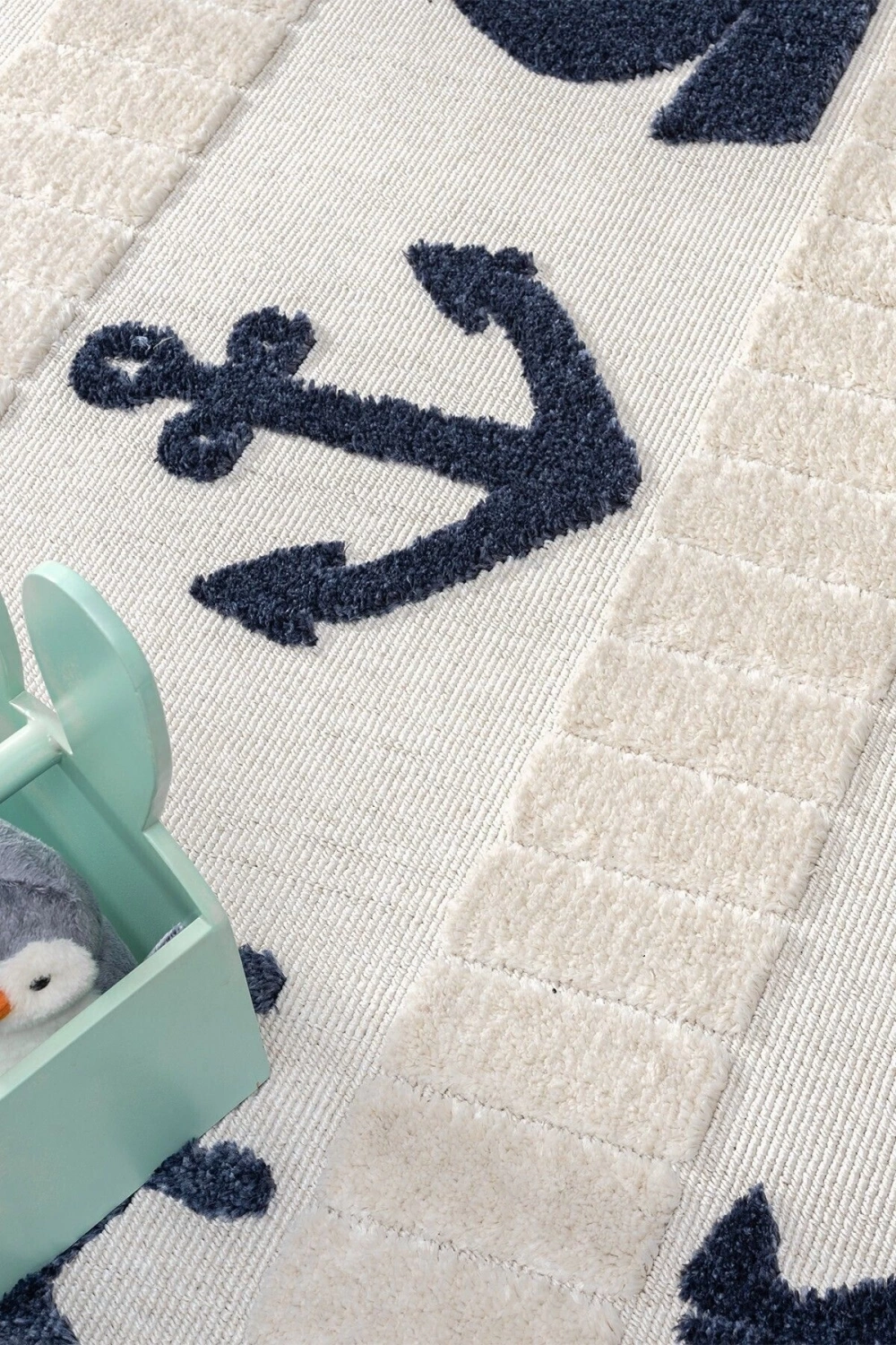 Yumuşak Renkli Bukleli Denizcilik Figürlü Dokuma Halı Bebek Odası Çocuk Odası Genç Odası Halısı 4