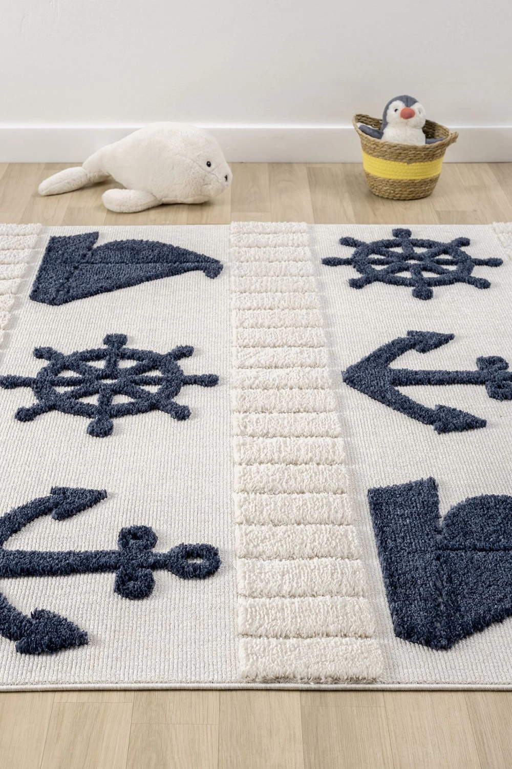 Yumuşak Renkli Bukleli Denizcilik Figürlü Dokuma Halı Bebek Odası Çocuk Odası Genç Odası Halısı 4
