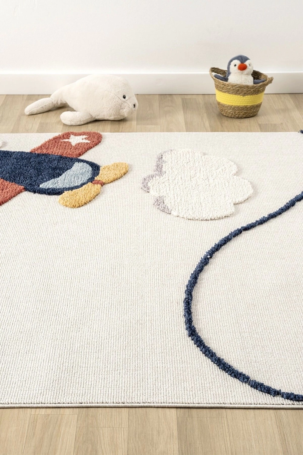 Yumuşak Renkli Bukleli Uçak Figürlü Dokuma Halı Bebek Odası Çocuk Odası Genç Odası Halısı 7