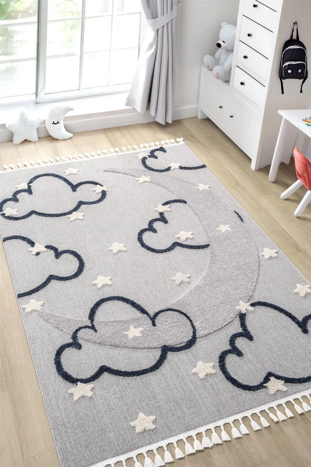 Gri Renk Yumuşak Bukleli Bulut Ay Dokuma Halı Bebek Odası Çocuk Odası Genç Odası Halısı 9