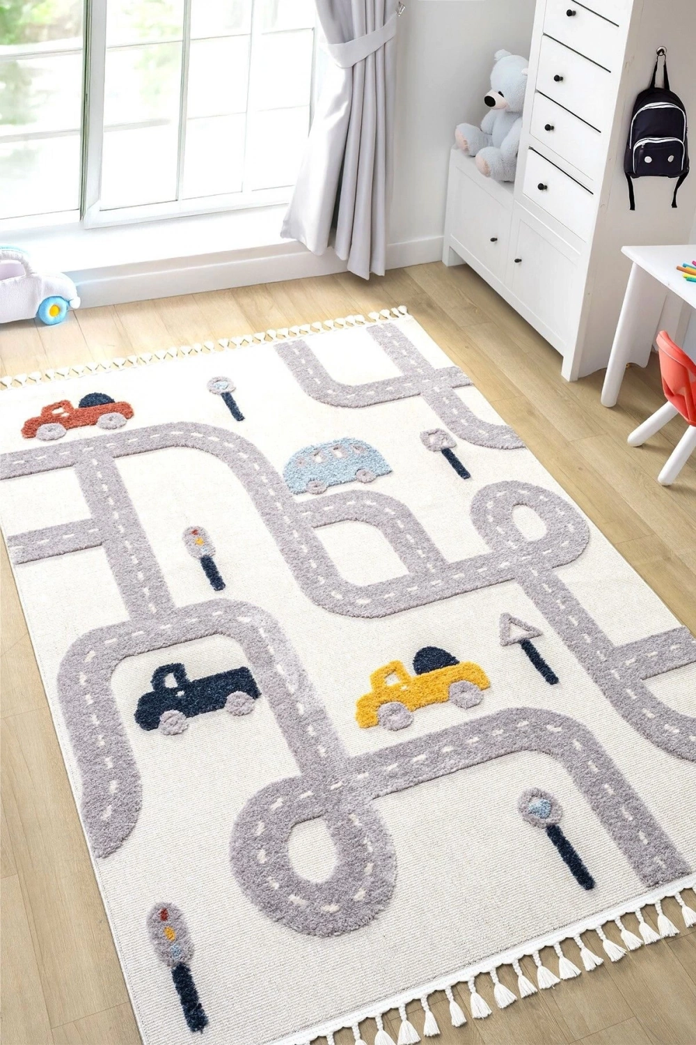 Yumuşak Renkli Bukleli Araba Yolu Dokuma Halı Bebek Odası Çocuk Odası Genç Odası Halısı 8