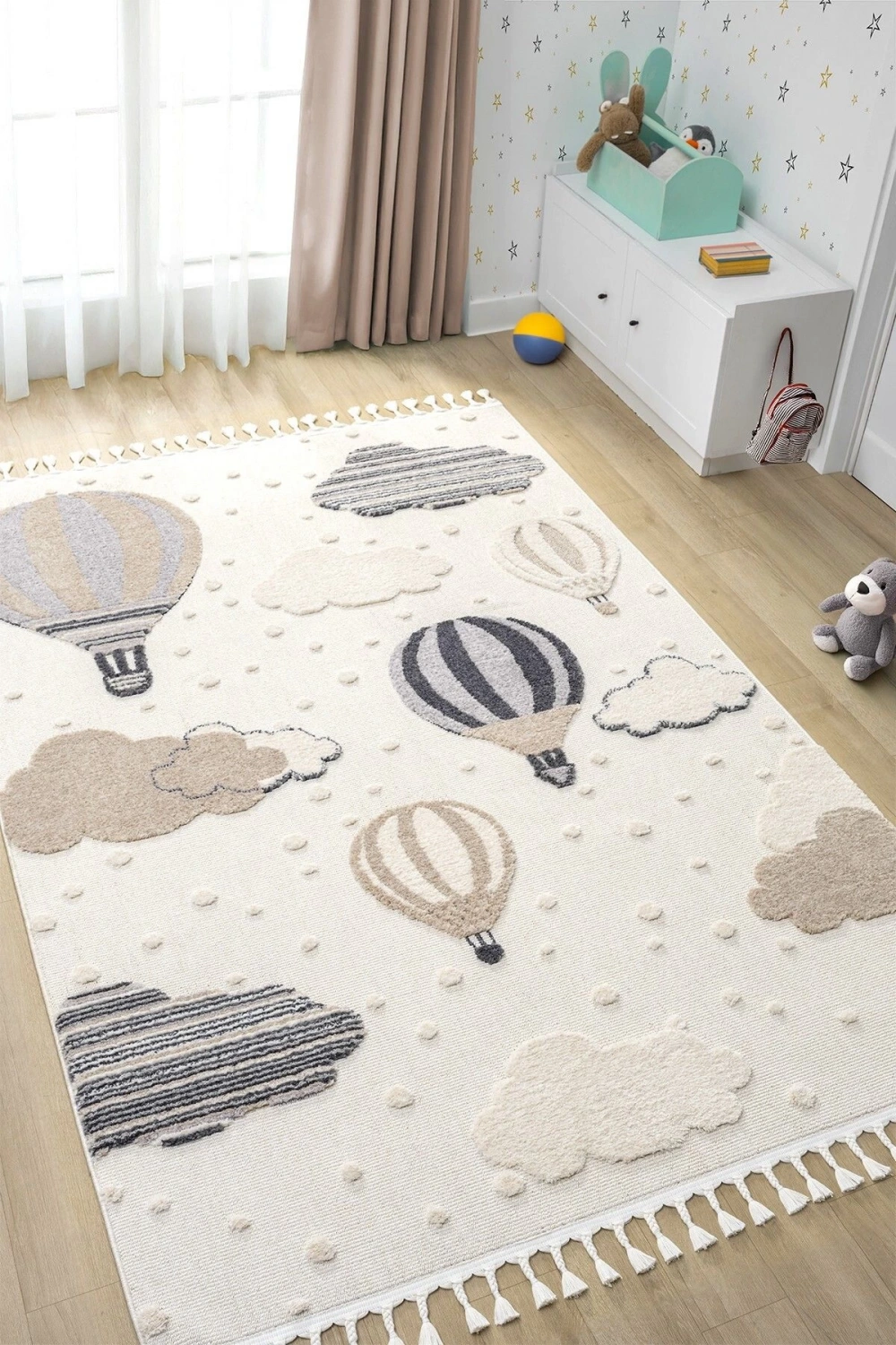 Krem Yumuşak Bukleli Balonlu Bulutlu Dokuma Halı Bebek Odası Çocuk Odası Genç Odası Halısı 16