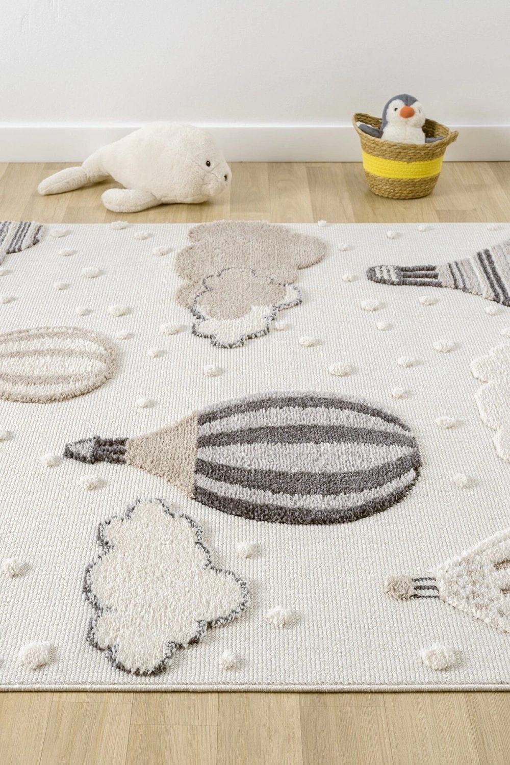 Krem Yumuşak Bukleli Balonlu Bulutlu Dokuma Halı Bebek Odası Çocuk Odası Genç Odası Halısı 16