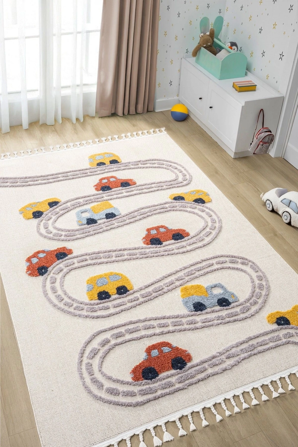 Yumuşak Renkli Bukleli Araba Yolu Dokuma Halı Bebek Odası Çocuk Odası Genç Odası Halısı 10