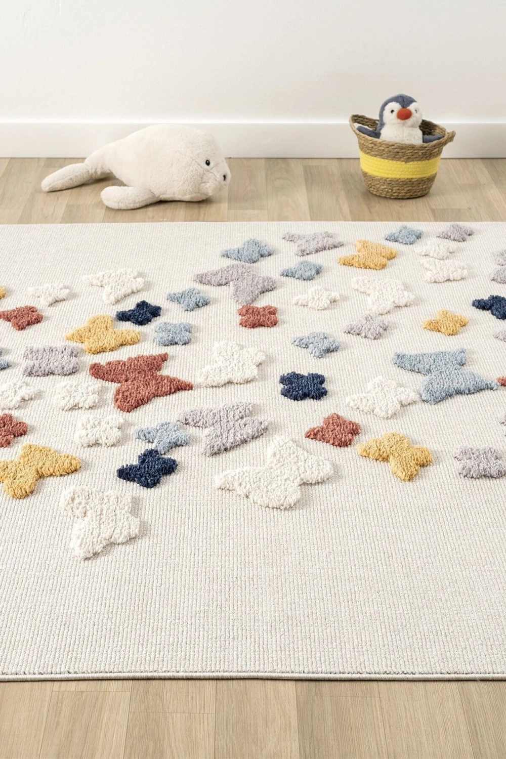 Yumuşak Renkli Bukleli Kelebek Figürlü Dokuma Halı Bebek Odası Çocuk Odası Genç Odası Halısı 11