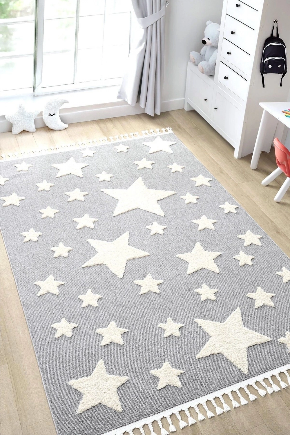 Gri Renk Yıldızlı Yumuşak Bukleli Dokuma Halı Bebek Odası Çocuk Odası Genç Odası Halısı 13