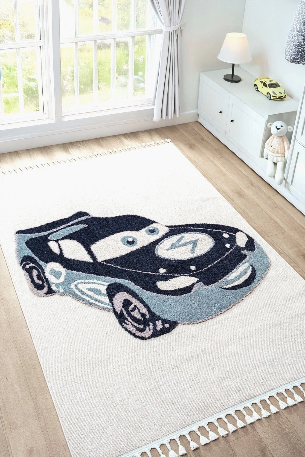 Yumuşak Bukleli Krem Mavi Araba Figürlü Dokuma Halı Bebek Odası Çocuk Odası Genç Odası Halısı 14