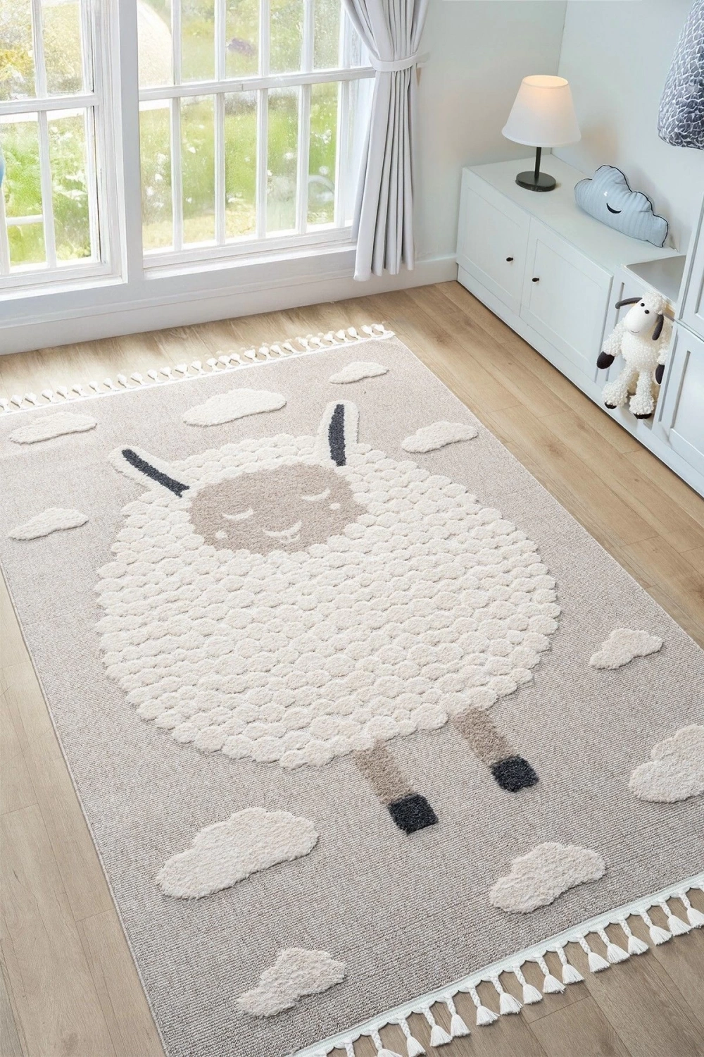 Krem Bej Yumuşak Bukleli Figürlü Dokuma Halı Bebek Odası Çocuk Odası Genç Odası Halısı 21