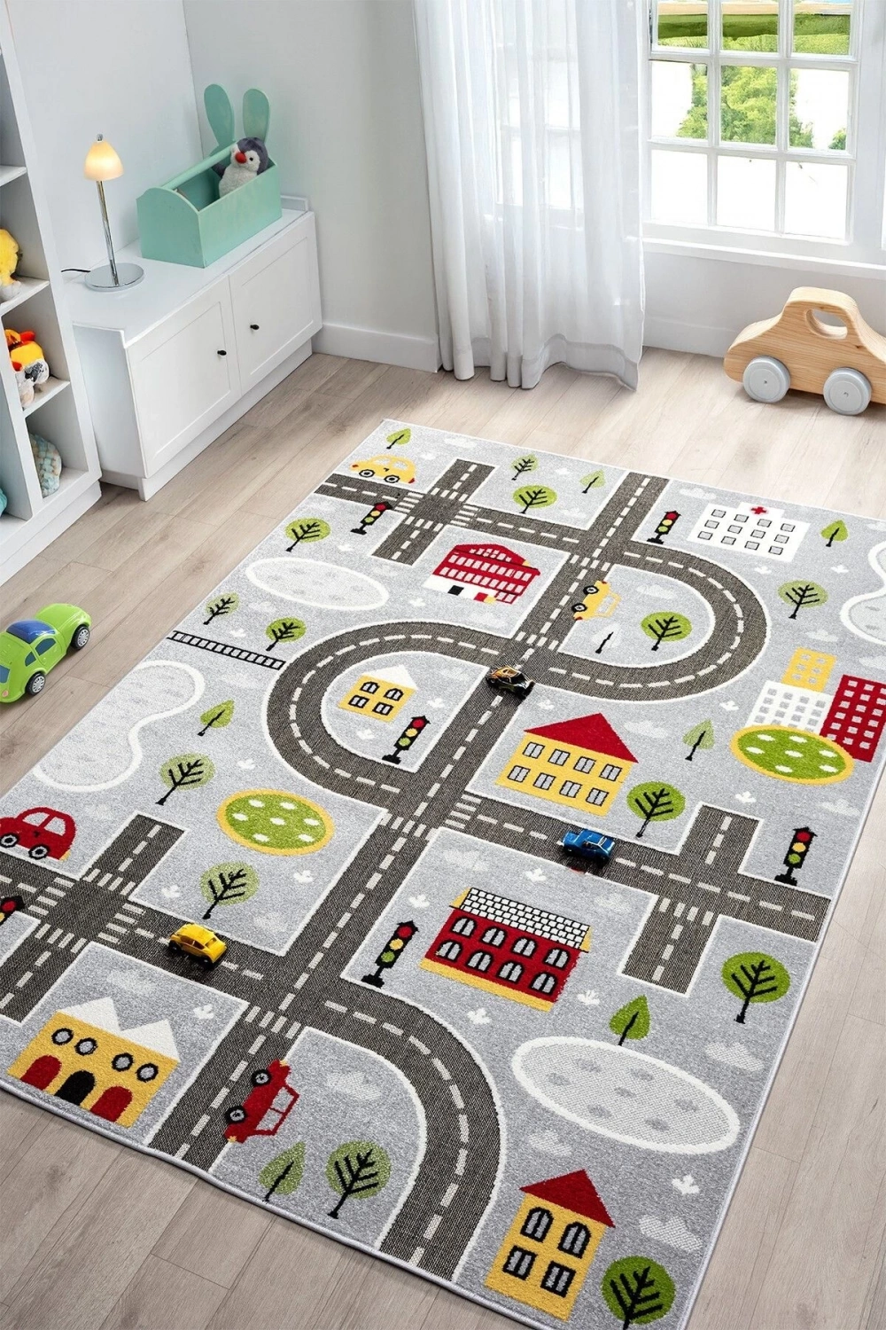 Trafik Arabalı Dokuma Halı Yıkanabilir Çocuk Halısı Anaokul Kreş Oyun Halısı GRİ