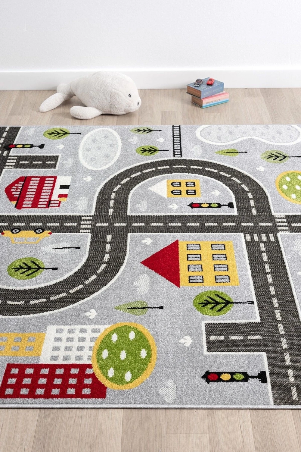Trafik Arabalı Dokuma Halı Yıkanabilir Çocuk Halısı Anaokul Kreş Oyun Halısı GRİ