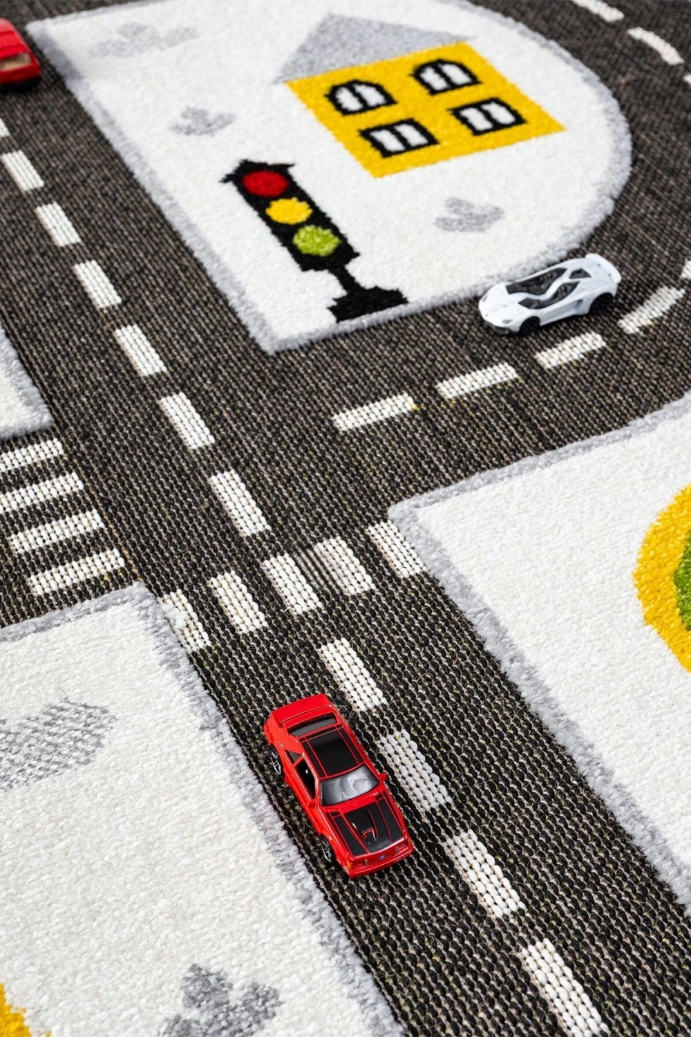 Trafik Arabalı Dokuma Halı Yıkanabilir Çocuk Halısı Anaokul Kreş Oyun Halısı BEYAZ