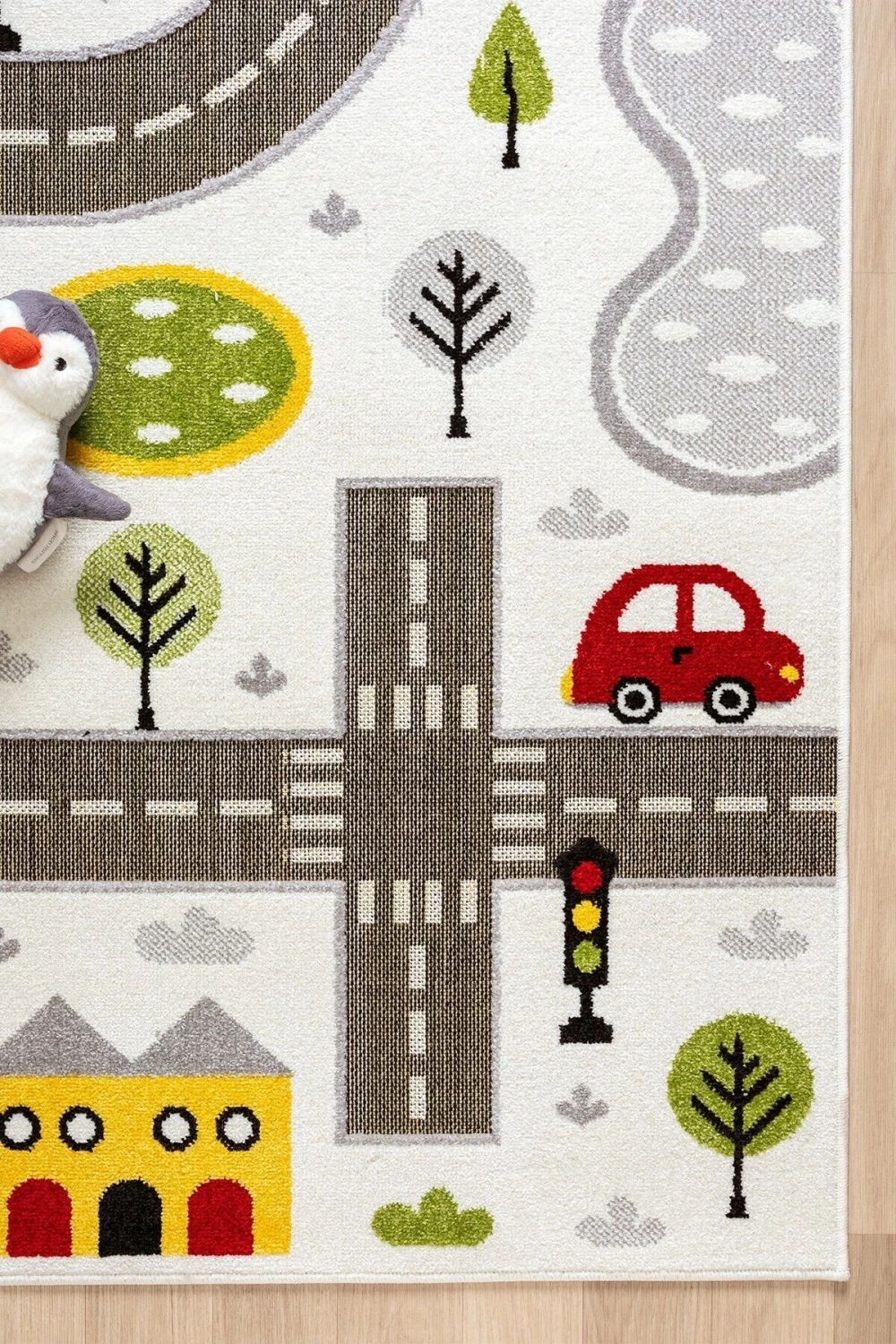 Trafik Arabalı Dokuma Halı Yıkanabilir Çocuk Halısı Anaokul Kreş Oyun Halısı BEYAZ