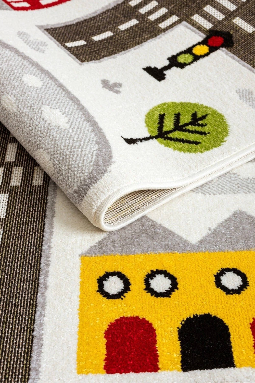 Trafik Arabalı Dokuma Halı Yıkanabilir Çocuk Halısı Anaokul Kreş Oyun Halısı BEYAZ