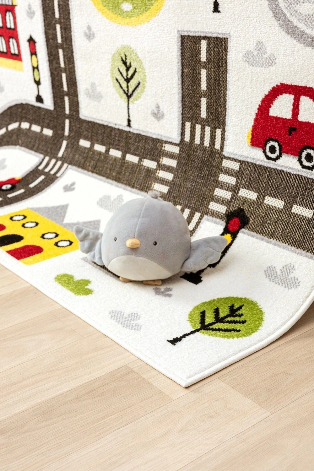 Trafik Arabalı Dokuma Halı Yıkanabilir Çocuk Halısı Anaokul Kreş Oyun Halısı BEYAZ