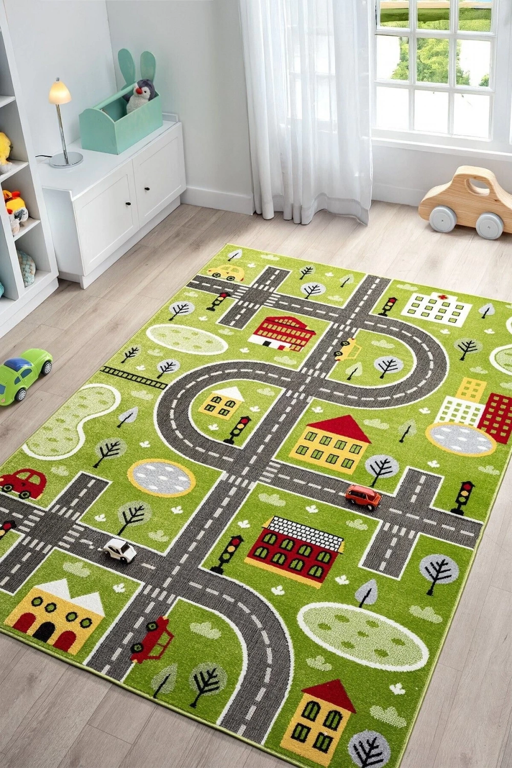 Trafik Arabalı Dokuma Halı Yıkanabilir Çocuk Halısı Anaokul Kreş Oyun Halısı YEŞİL
