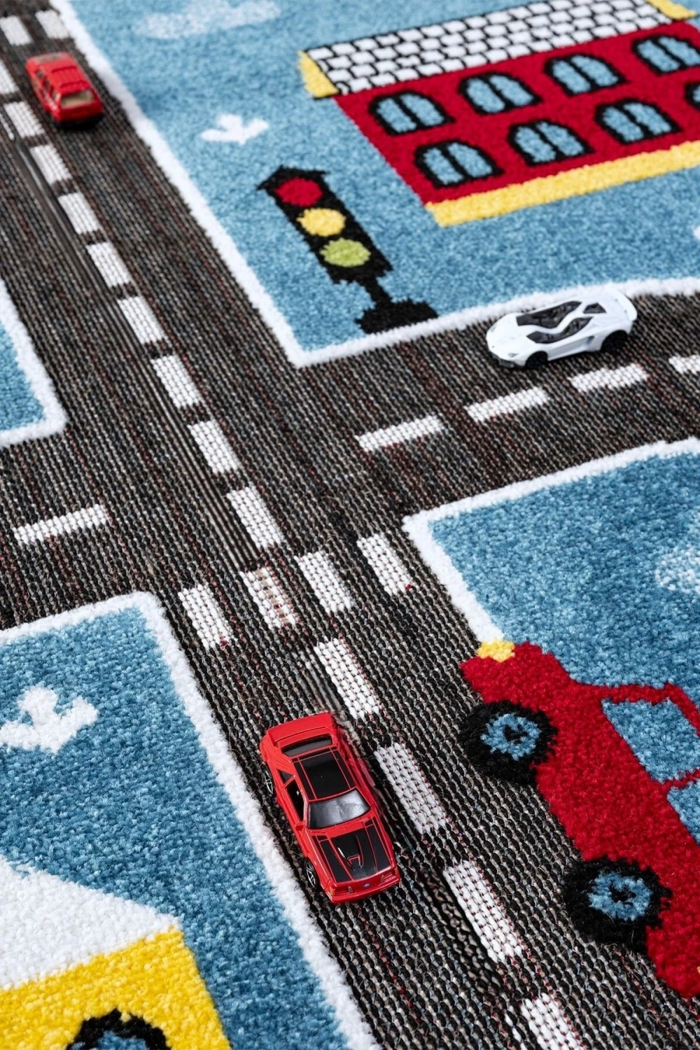 Trafik Arabalı Dokuma Halı Yıkanabilir Çocuk Halısı Anaokul Kreş Oyun Halısı MAVİ