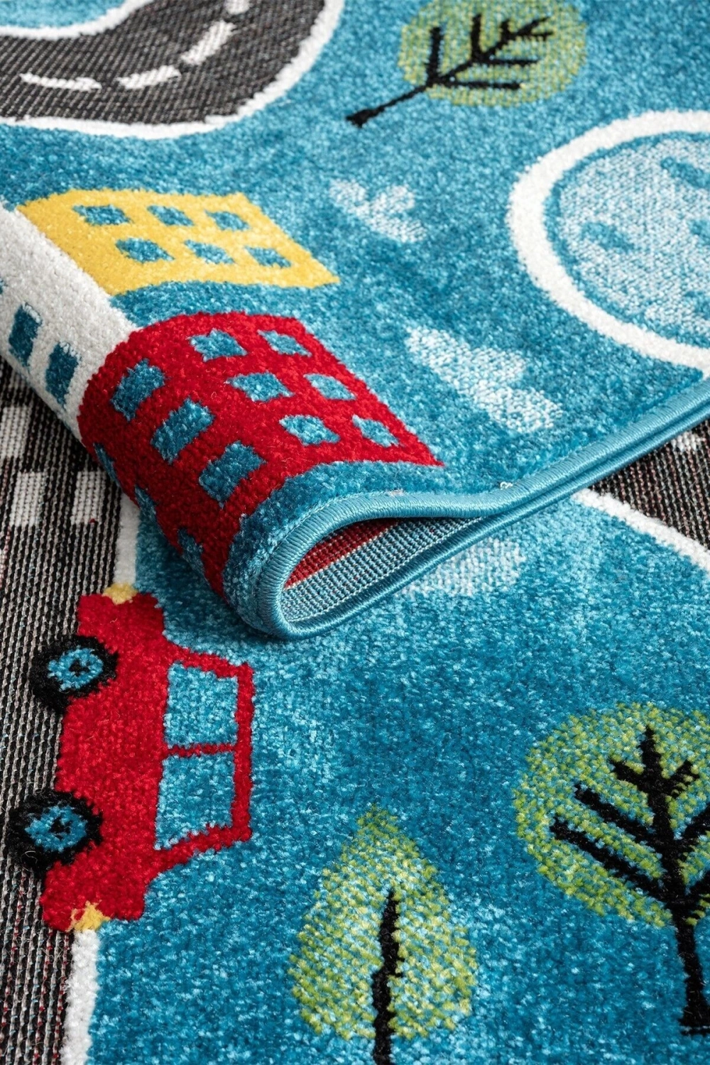 Trafik Arabalı Dokuma Halı Yıkanabilir Çocuk Halısı Anaokul Kreş Oyun Halısı MAVİ