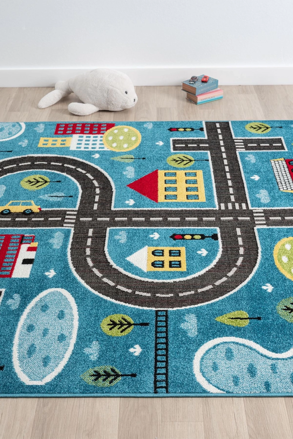 Trafik Arabalı Dokuma Halı Yıkanabilir Çocuk Halısı Anaokul Kreş Oyun Halısı MAVİ