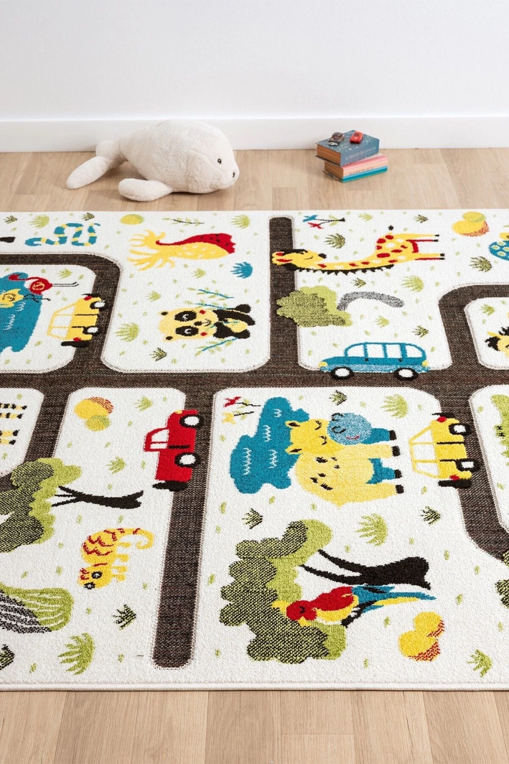 Hayvan Trafik Araba Yolu Figürlü Dokuma Halı Yıkanabilir Çocuk Halısı Anaokul Kreş Oyun Halısı BEYAZ