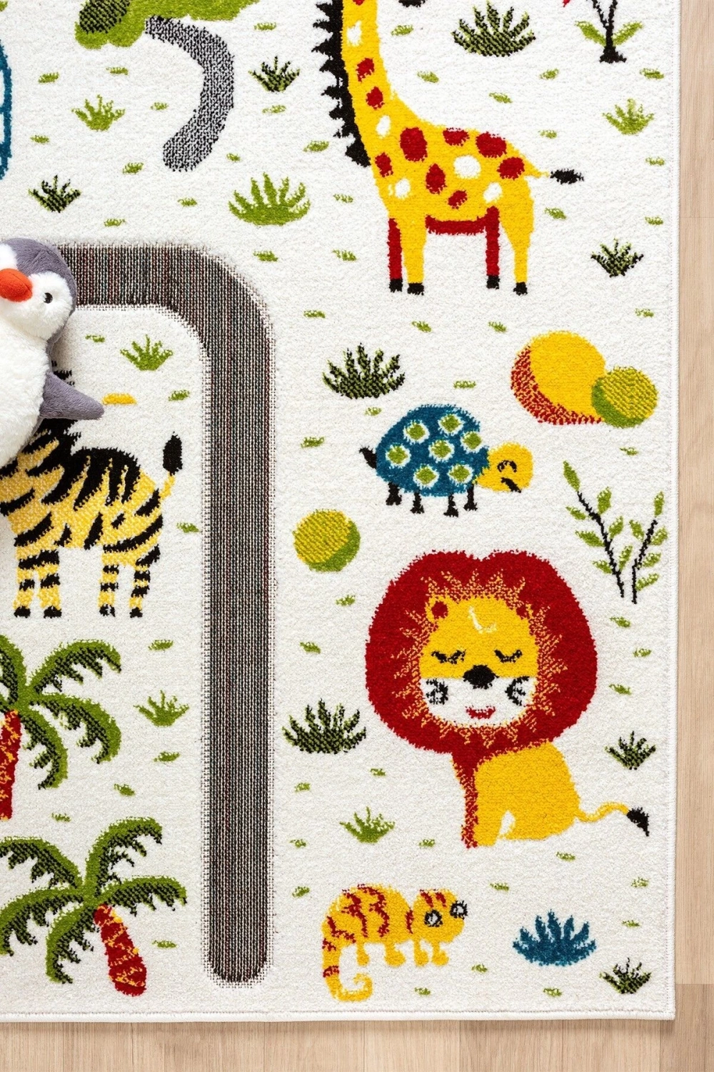 Hayvan Trafik Araba Yolu Figürlü Dokuma Halı Yıkanabilir Çocuk Halısı Anaokul Kreş Oyun Halısı BEYAZ