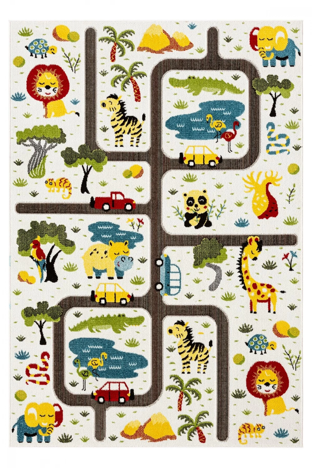 Hayvan Trafik Araba Yolu Figürlü Dokuma Halı Yıkanabilir Çocuk Halısı Anaokul Kreş Oyun Halısı BEYAZ