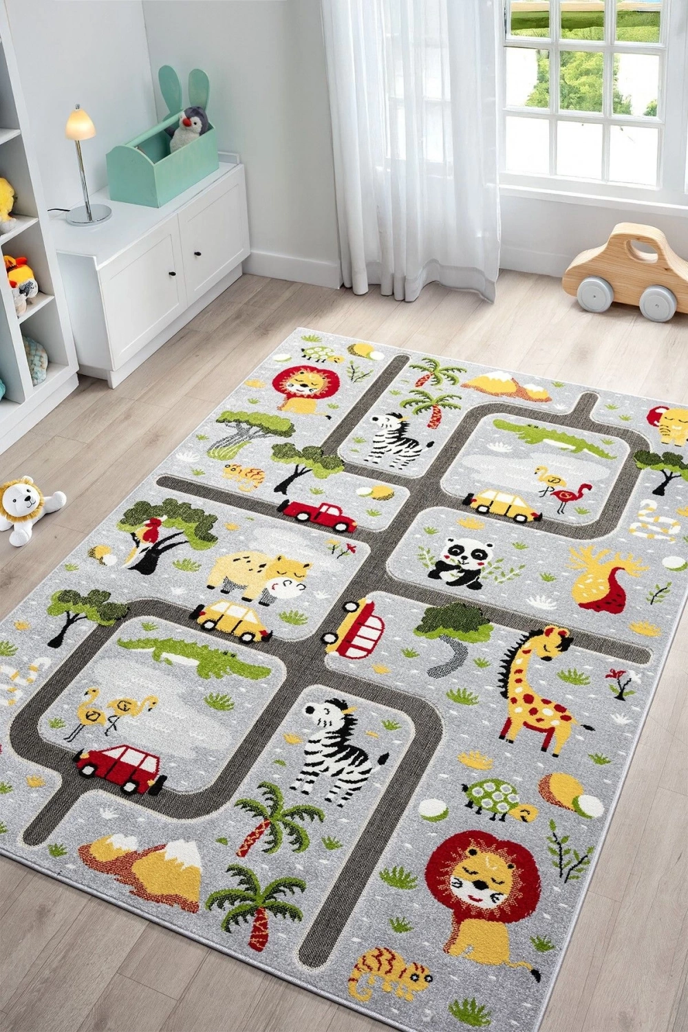 Hayvan Trafik Araba Yolu Figürlü Dokuma Halı Yıkanabilir Çocuk Halısı Anaokul Kreş Oyun Halısı GRİ