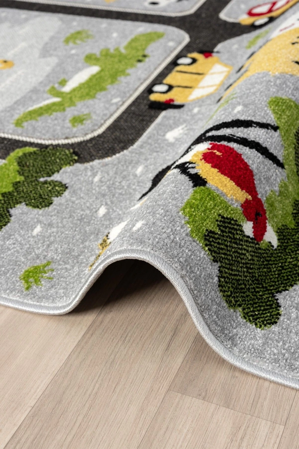 Hayvan Trafik Araba Yolu Figürlü Dokuma Halı Yıkanabilir Çocuk Halısı Anaokul Kreş Oyun Halısı GRİ