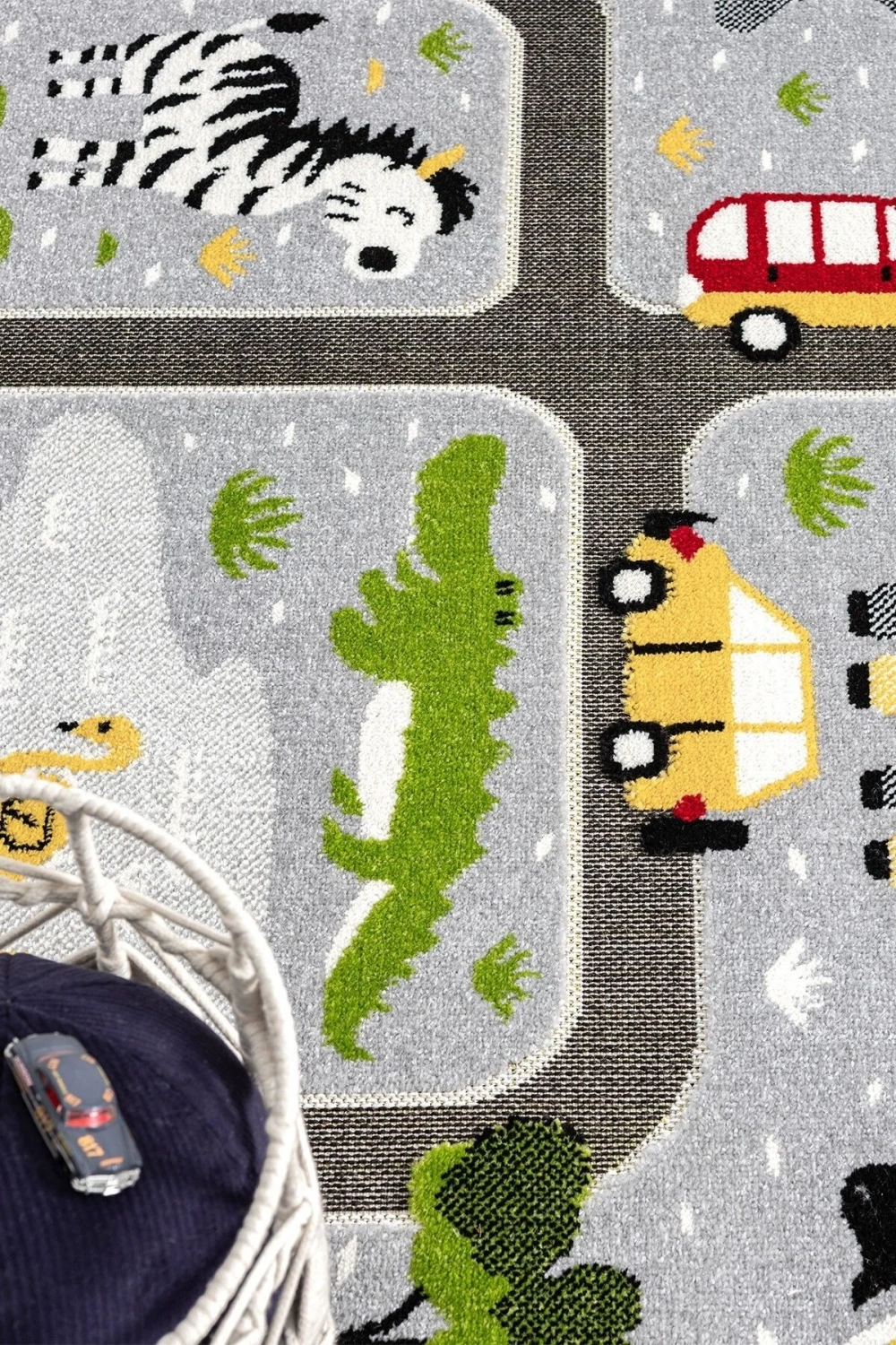 Hayvan Trafik Araba Yolu Figürlü Dokuma Halı Yıkanabilir Çocuk Halısı Anaokul Kreş Oyun Halısı GRİ