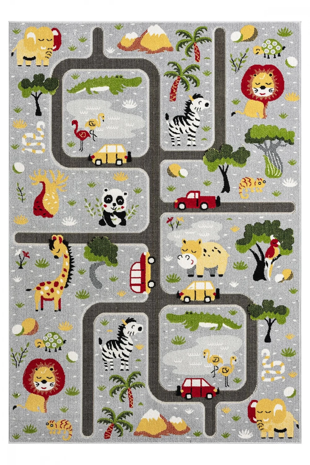 Hayvan Trafik Araba Yolu Figürlü Dokuma Halı Yıkanabilir Çocuk Halısı Anaokul Kreş Oyun Halısı GRİ