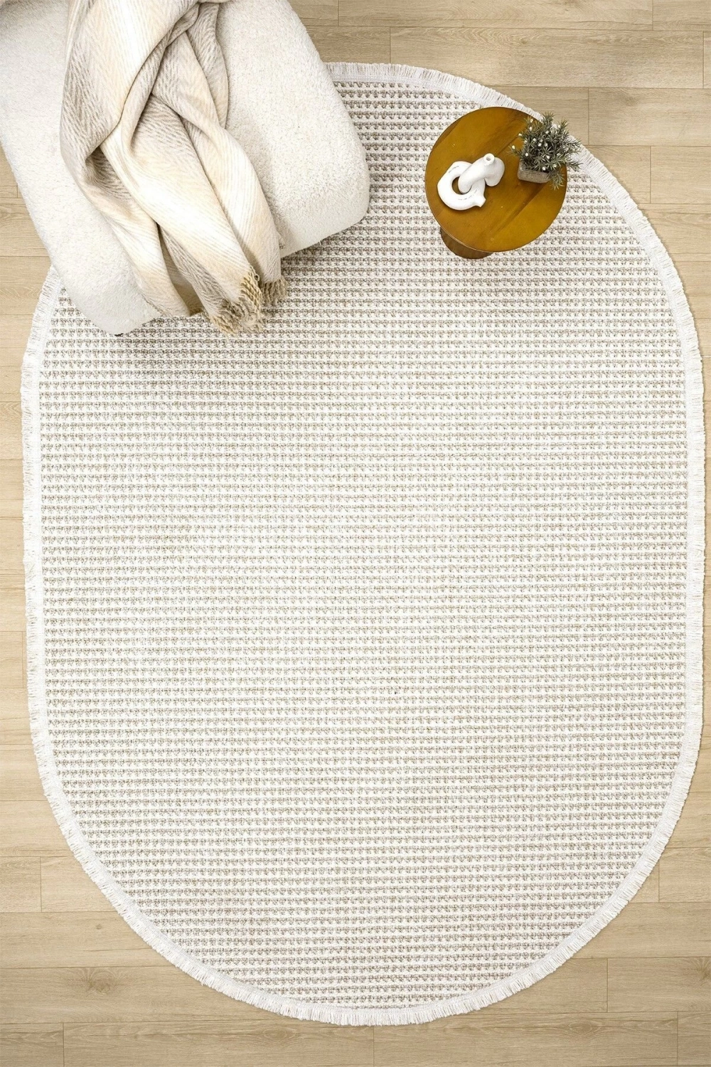 Oval Beyaz Bej Halı Modern Oturma Odası Salon Mutfak Koridor Antre Balkon Çocuk Odası Halısı 006