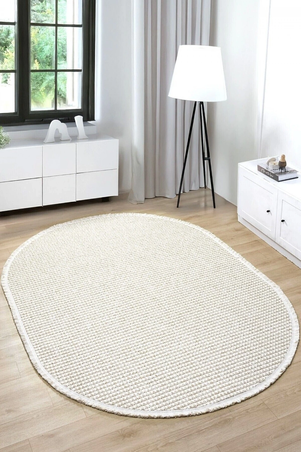 Oval Beyaz Bej Halı Modern Oturma Odası Salon Mutfak Koridor Antre Balkon Çocuk Odası Halısı 006