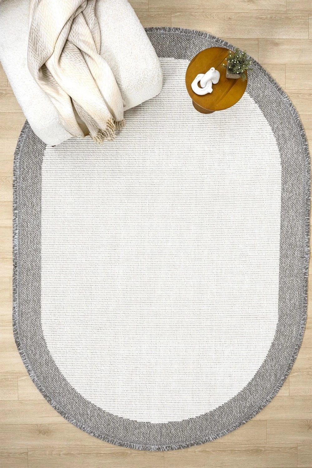 Oval Gri Halı Bordür Modern Oturma Odası Salon Mutfak Koridor Antre Balkon Çocuk Odası Halısı 0020